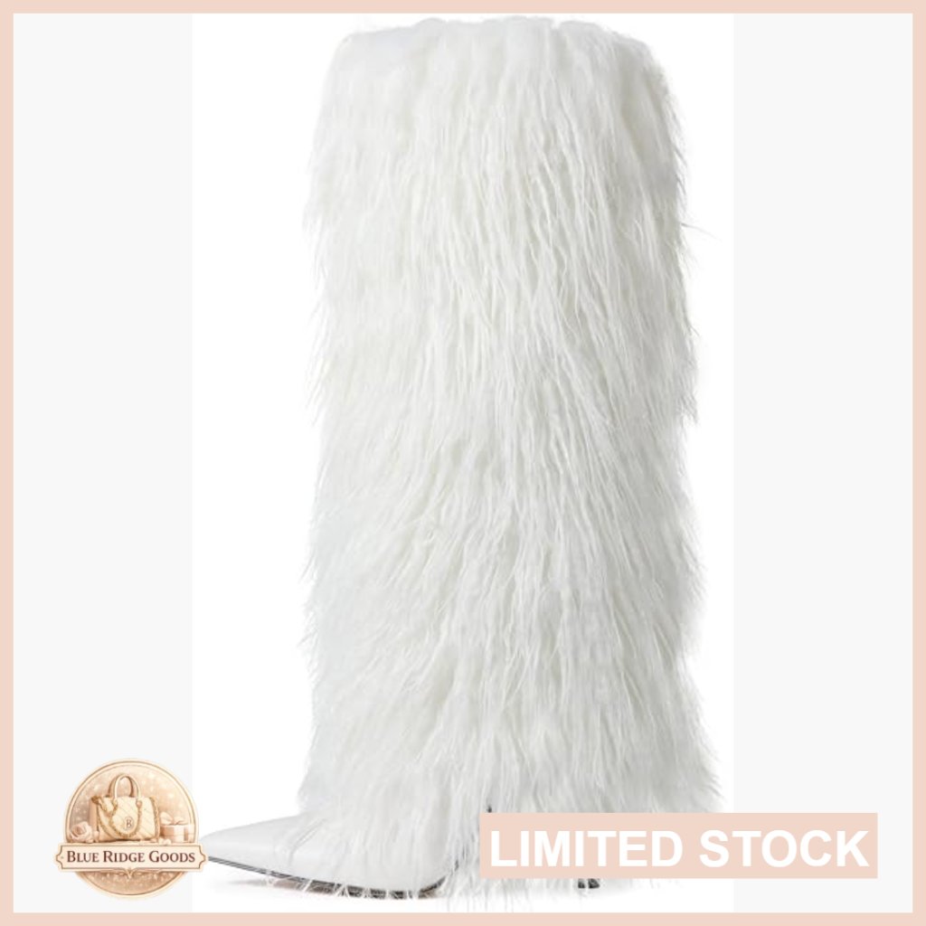 Faux Fur Knee High Heeled Boots Fold Over Wide Calf Winter Party Fashion